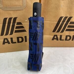 Aldi Gear Automatic Umbrella Aldi Logo Words Letters on Navy NWT